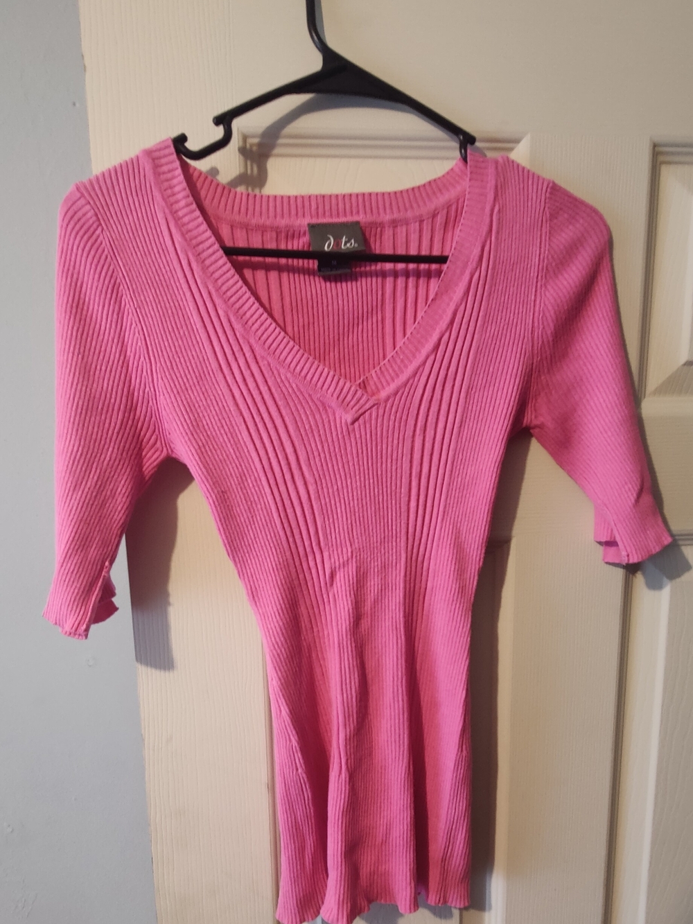 Dots Pink Ribbed V-Neck Short Sleeve Top